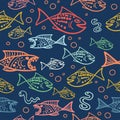 Seamless pattern with hand drawn funny fishes in sketch style. Vector decorative endless marine background. Fabric Royalty Free Stock Photo