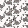 seamless pattern, hand-drawn funny gray wolves and their paw prints, for textile Royalty Free Stock Photo