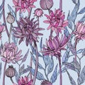 Seamless pattern with hand drawn gerbera flowers and brunchs