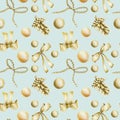 Seamless pattern of hand drawn golden Christmas elements bows, balls, fir cones Royalty Free Stock Photo