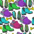 Seamless pattern hand drawn graphic Men Footwear. Casual and sport style, gumshoes for man. Shoes for all seasons
