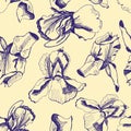 Seamless pattern with hand drawn graphic sketch with iris blue graphic flowers on yellow background.