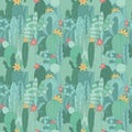 Seamless pattern of hand-drawn green exotic cacti. Summer scandinavian Vector illustration of a cactus without free space for