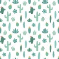 Seamless pattern of hand-drawn green exotic cacti. Vector illustration of a cactus in the Scandinavian style for the summer,