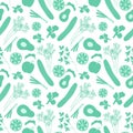 Seamless pattern with hand drawn green fruit vegetable. Fresh doodle leek green onion, peas apple parsley dill cucumber avocado Royalty Free Stock Photo