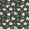 Seamless pattern with hand drawn green leaves and lemon lime flowers