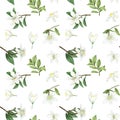 Seamless pattern with hand drawn green lemon tree branches and lemon lime flowers