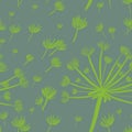 Seamless pattern with hand-drawn green neon dandelions on gray background. packaging, wallpaper, textile, kitchen, utensil, fashio