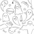 Seamless pattern with hand drawn halloween ghosts, bat, vector. Doodle style, coloring page