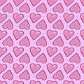 Seamless pattern with hand drawn hearts. All elements are decorated with cute pattern inside. Pink and red colours