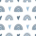 Seamless pattern of hand drawn hearts and boho rainbow in pastel blue colors