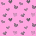 Seamless pattern with hand drawn hearts in doodle style. Pink and grey colors. Valentine's day love and wedding texture Royalty Free Stock Photo