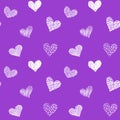 Seamless pattern with hand drawn hearts in doodle style. Purple and white colors. Valentine's day love and wedding Royalty Free Stock Photo