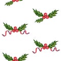 Seamless pattern with hand drawn holly branch, red berries and leaves. Watercolor illustration isolated on white background. Royalty Free Stock Photo