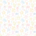 Seamless pattern with hand drawn houses. Buildings. Doodle style. Texture for fabric, wrapping, wallpaper, textile