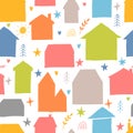 Seamless pattern with hand drawn houses, buildings. Flat style. Texture for fabric, wrapping, textile, wallpaper Royalty Free Stock Photo