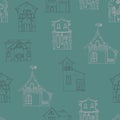 Seamless pattern with hand-drawn houses of differe