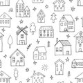 Seamless pattern with hand drawn houses. Doodle style. Buildings. Texture for fabric, textile, wrapping, wallpaper Royalty Free Stock Photo