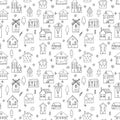 Seamless pattern with hand drawn houses. Doodle style. Buildings. Texture for fabric, wrapping, wallpaper, textile Royalty Free Stock Photo