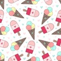 Seamless pattern with hand drawn ice creams. Doodle vector icecream cute hearts.