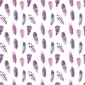 Seamless pattern. Hand drawn illustration - Background of Watercolor feathers. Aquarelle boho set. Isolated on white background. Royalty Free Stock Photo