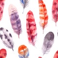 Seamless pattern. Hand drawn illustration - Background of Watercolor feathers. Aquarelle boho set. Isolated on white background. Royalty Free Stock Photo