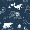 Seamless pattern with hand-drawn illustrations of arctic animals and eskimo floating on iceberg. Simple doodle drawings with polar
