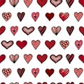 Seamless pattern of hand drawn with ink and brush heart icons with various decorative patterns, pink and red Royalty Free Stock Photo