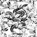 Seamless pattern. Hand drawn ink illustration. Snake and magnolia flower. Textile or paper design