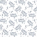 Seamless pattern. hand drawn inscription Good night, moon and stars. Blue and white vector background Royalty Free Stock Photo