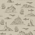 Seamless pattern with hand-drawn islands and fishes Royalty Free Stock Photo