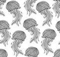 Seamless pattern with Hand drawn jellyfish for adult Coloring Page Royalty Free Stock Photo