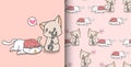 Seamless pattern hand drawn kawaii cat is looking the brain