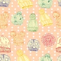 Seamless pattern with hand drawn knitted hats and berets. Colored objects