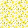 Seamless floral botanical pattern yellow allover daisies pink flowers green leaves, summer spring female fabric print, tapestry, q