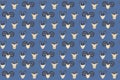 Seamless pattern of hand-drawn lamb, goat and bull heads with white faces in ethnic style on a light blue background. Mystical ani