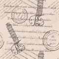 Seamless pattern with hand drawn Leaning tower of Pisa, lettering Pisa and faded text Royalty Free Stock Photo