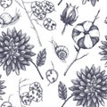 Seamless pattern with hand drawn leaves, flowers, snails and seeds sketches. Vector autumn background. Vintage illustration of gar Royalty Free Stock Photo