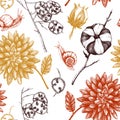 Seamless pattern with hand drawn leaves, flowers, snails and seeds sketches. Vector autumn background. Vintage illustration of gar Royalty Free Stock Photo