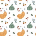 Seamless pattern with hand drawn leaves, pumpkins and berries. Flat pastel background of pumpkins. Autumn texture for Royalty Free Stock Photo