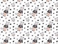 Seamless pattern of hand-drawn leopards in costumes, their faces with collars, footprints of cat legs and stars in black and pale