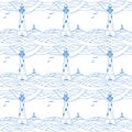 Seamless pattern with hand drawn lighthouse, sailboat, waves and seagulls