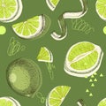 Seamless pattern with hand drawn lime halfs, skin and slices