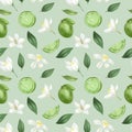 Seamless pattern with hand drawn limes green lemons and lime flowers