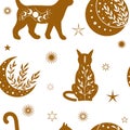 Seamless pattern of hand drawn line art mystical celestial witchy cats and floral moon Royalty Free Stock Photo