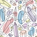 Seamless pattern with a hand-drawn line crystals, and colored elements inside. Illustration of magic elements