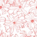 Seamless pattern with hand drawn line red magnolia flower. Royalty Free Stock Photo