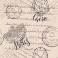 Seamless pattern with hand drawn the Louvre, lettering Paris, hand drawn the Rialto Bridge, lettering Venice, hand drawn Sphinx, l