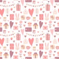 Seamless pattern of hand-drawn love icons. Vector image for Valentine`s Day, lovers, prints, clothes, textiles, cards, banner, fly