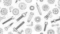Seamless pattern of hand-drawn mechanical tools and gears on whi Royalty Free Stock Photo